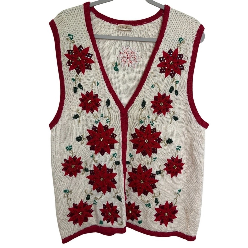 Bobbie Brooks Beaded Knit Ugly Christmas Sweater Vest Poinsettias Women's XL
